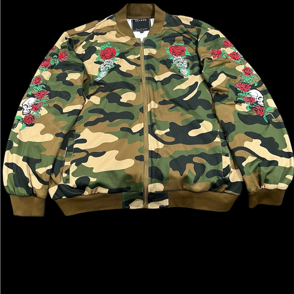 Reason Camouflage Bomber Jacket with Floral Embroidery